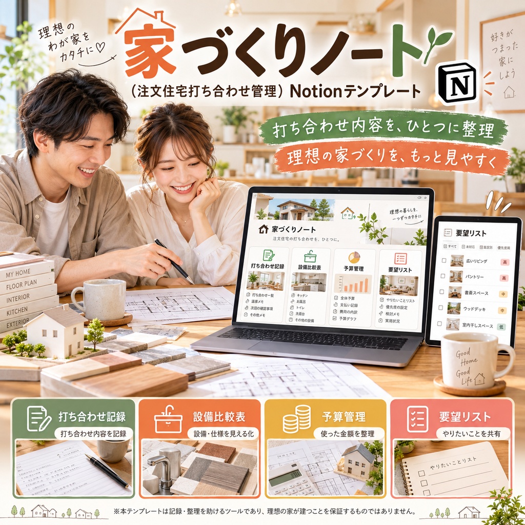 家づくりノート(注文住宅打ち合わせ管理)Notionテンプレート(打ち合わせ記録+設備比較表+予算管理+要望リスト)
