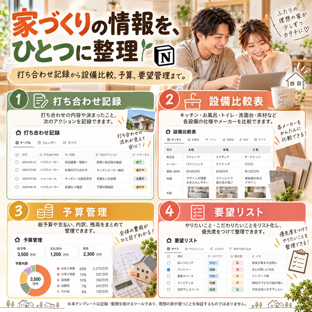 家づくりノート(注文住宅打ち合わせ管理)Notionテンプレート(打ち合わせ記録+設備比較表+予算管理+要望リスト)