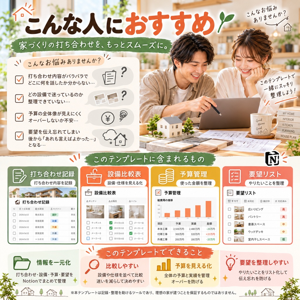家づくりノート(注文住宅打ち合わせ管理)Notionテンプレート(打ち合わせ記録+設備比較表+予算管理+要望リスト)