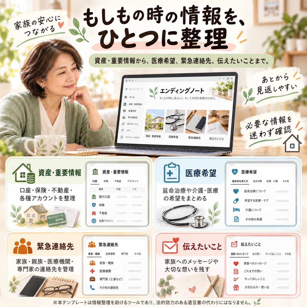 もしもの時に備える エンディングノート Notionテンプレート(資産・重要情報+医療希望+緊急連絡先+伝えたいこと)