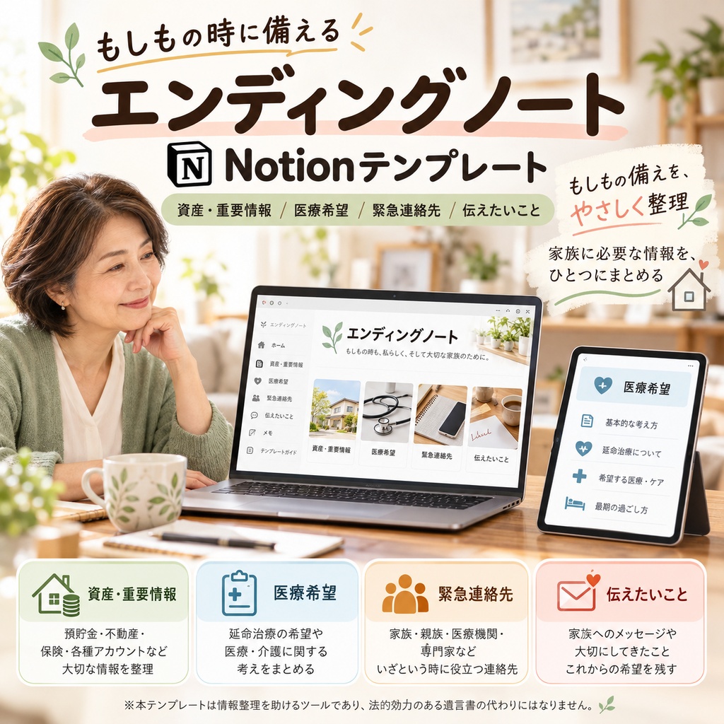 もしもの時に備える エンディングノート Notionテンプレート(資産・重要情報+医療希望+緊急連絡先+伝えたいこと)