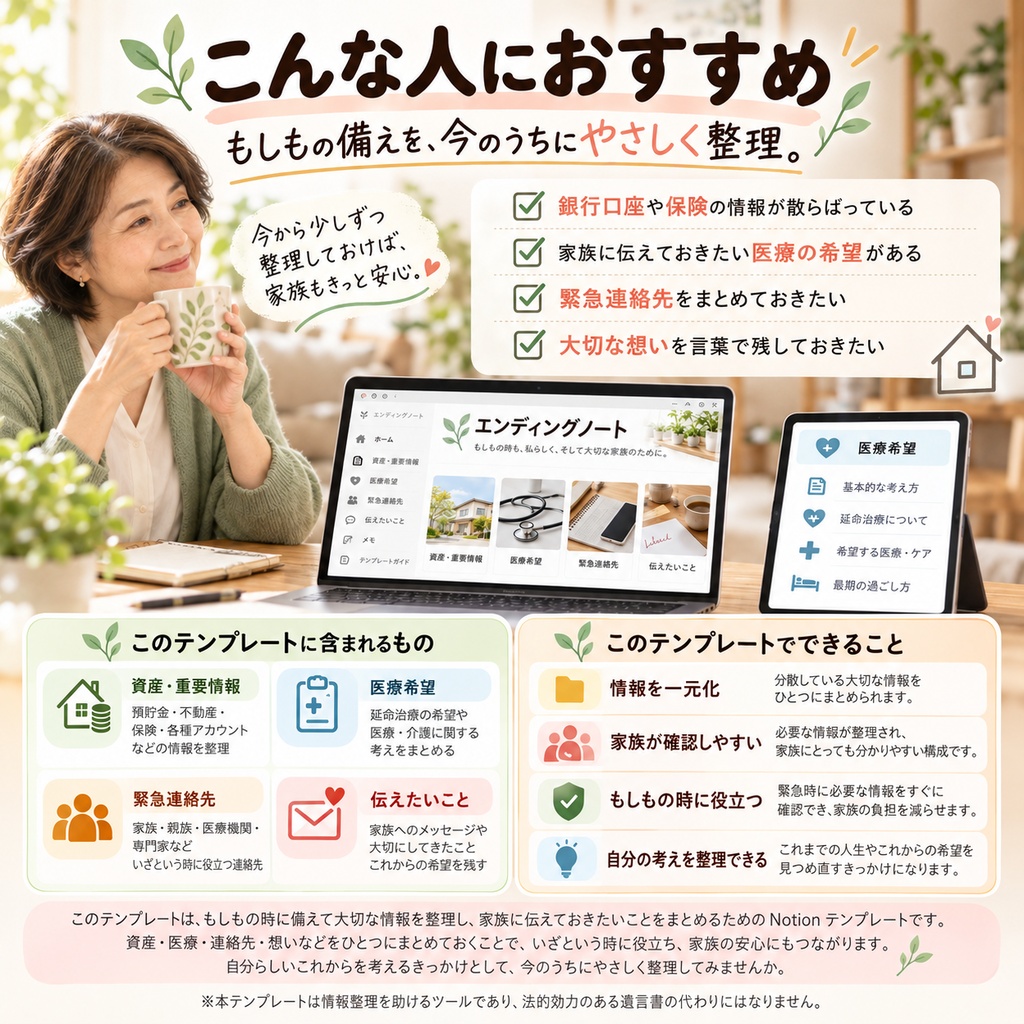 もしもの時に備える エンディングノート Notionテンプレート(資産・重要情報+医療希望+緊急連絡先+伝えたいこと)