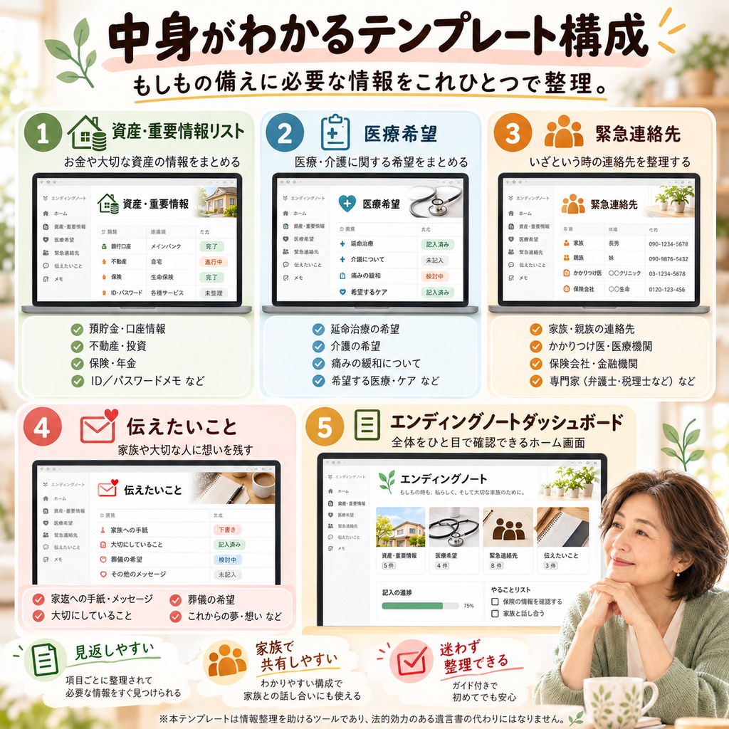 もしもの時に備える エンディングノート Notionテンプレート(資産・重要情報+医療希望+緊急連絡先+伝えたいこと)