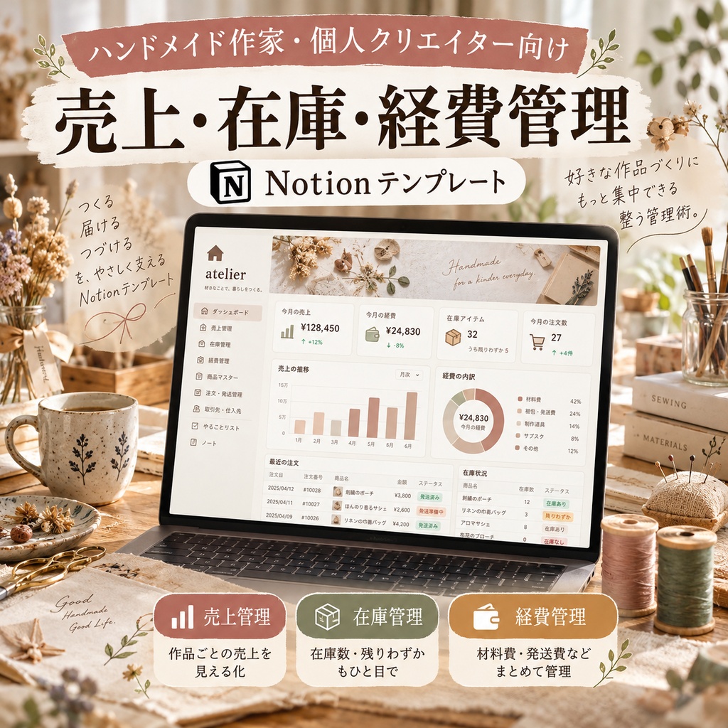 ハンドメイド作家・個人クリエイター向け 売上・在庫・経費管理 Notionテンプレート