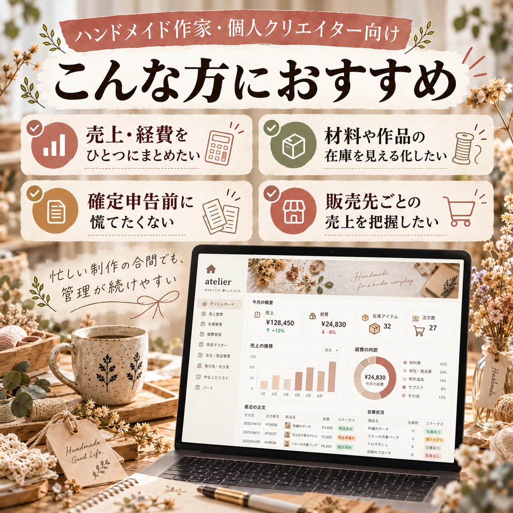 ハンドメイド作家・個人クリエイター向け 売上・在庫・経費管理 Notionテンプレート