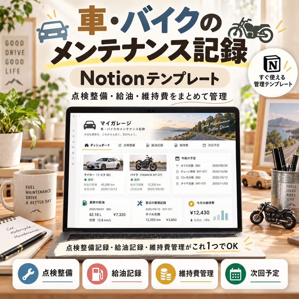 車・バイクのメンテナンス記録 Notionテンプレート(点検整備+給油+維持費管理)