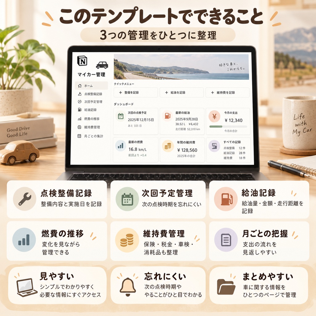 車・バイクのメンテナンス記録 Notionテンプレート(点検整備+給油+維持費管理)