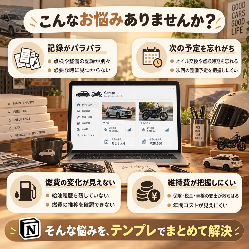 車・バイクのメンテナンス記録 Notionテンプレート(点検整備+給油+維持費管理)