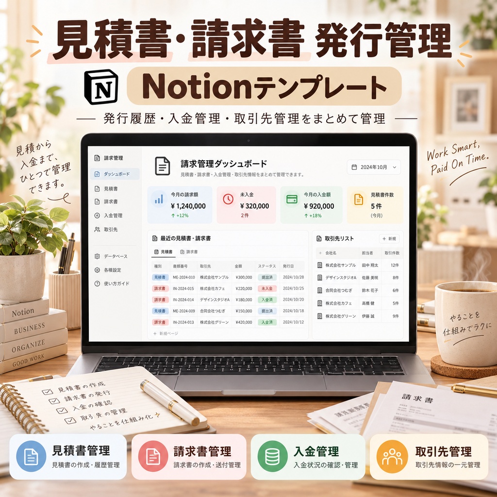 見積書・請求書 発行管理 Notionテンプレート(発行履歴+入金管理+取引先管理)