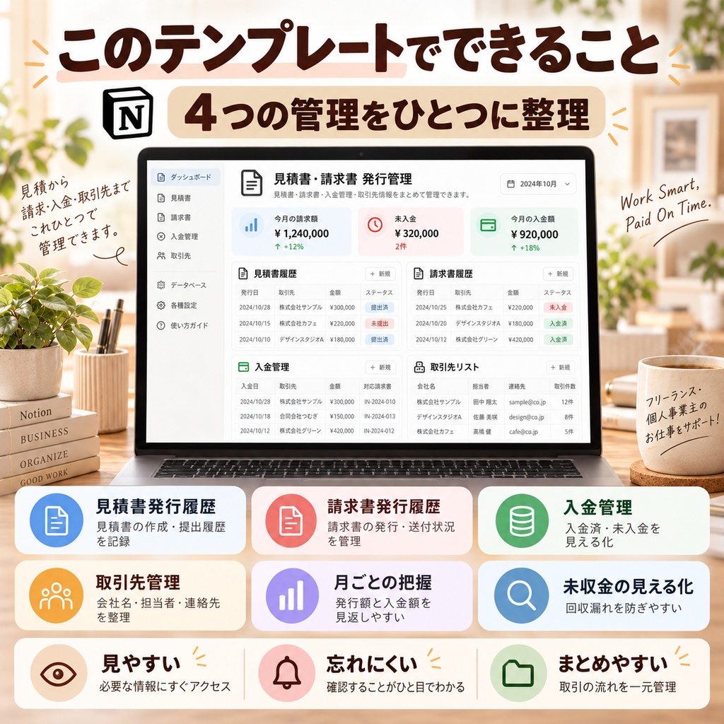 見積書・請求書 発行管理 Notionテンプレート(発行履歴+入金管理+取引先管理)