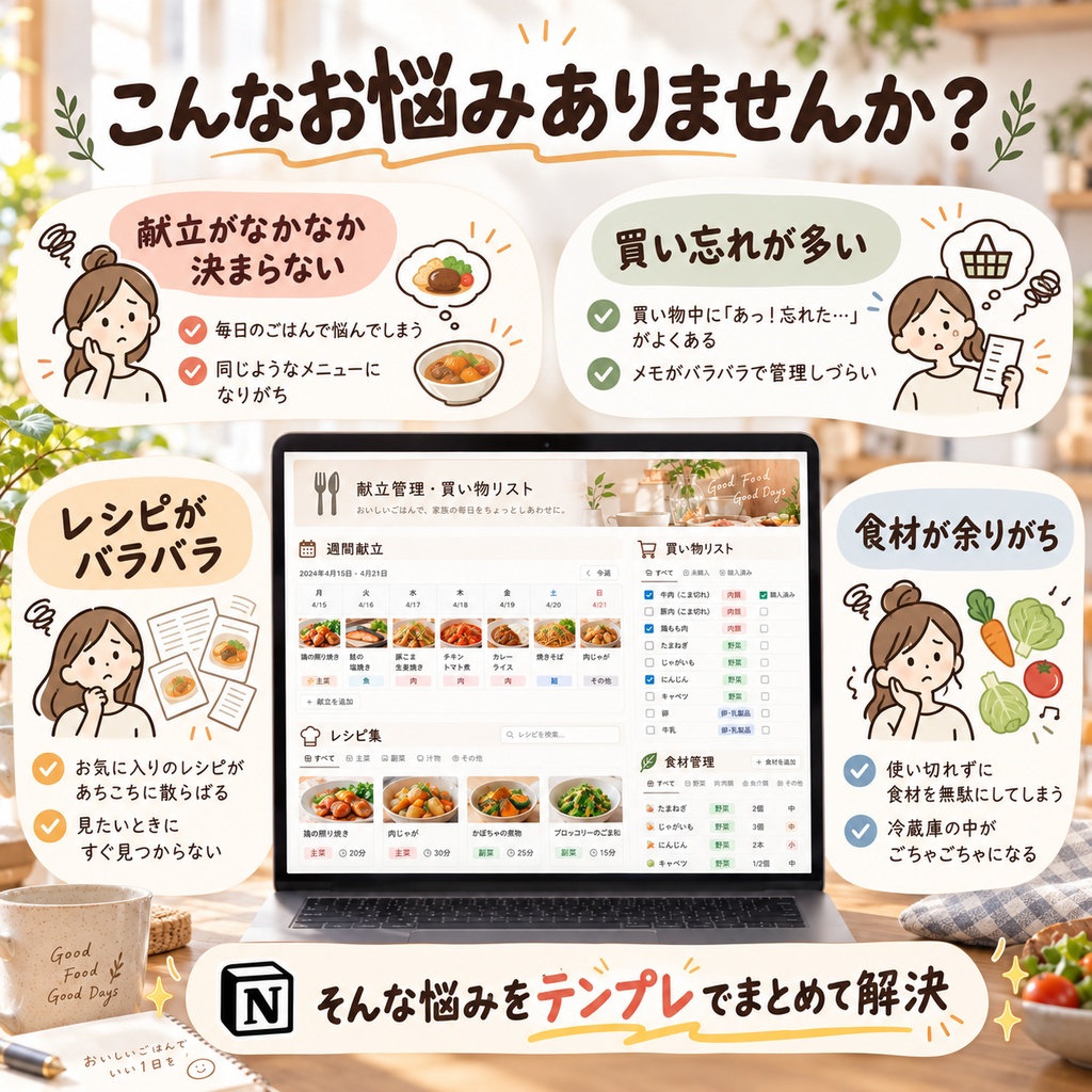 献立管理・買い物リスト Notionテンプレート(週間献立+買い物リスト+レシピ集)