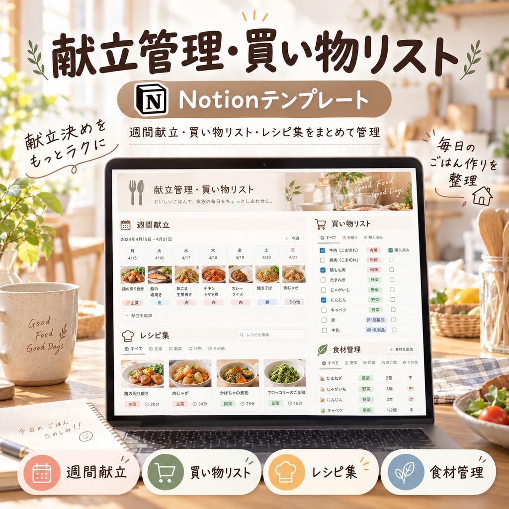 献立管理・買い物リスト Notionテンプレート(週間献立+買い物リスト+レシピ集)
