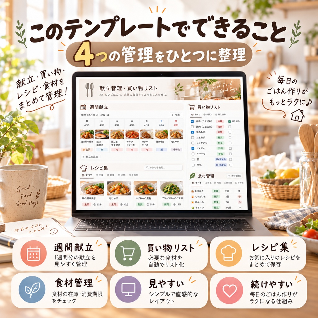 献立管理・買い物リスト Notionテンプレート(週間献立+買い物リスト+レシピ集)