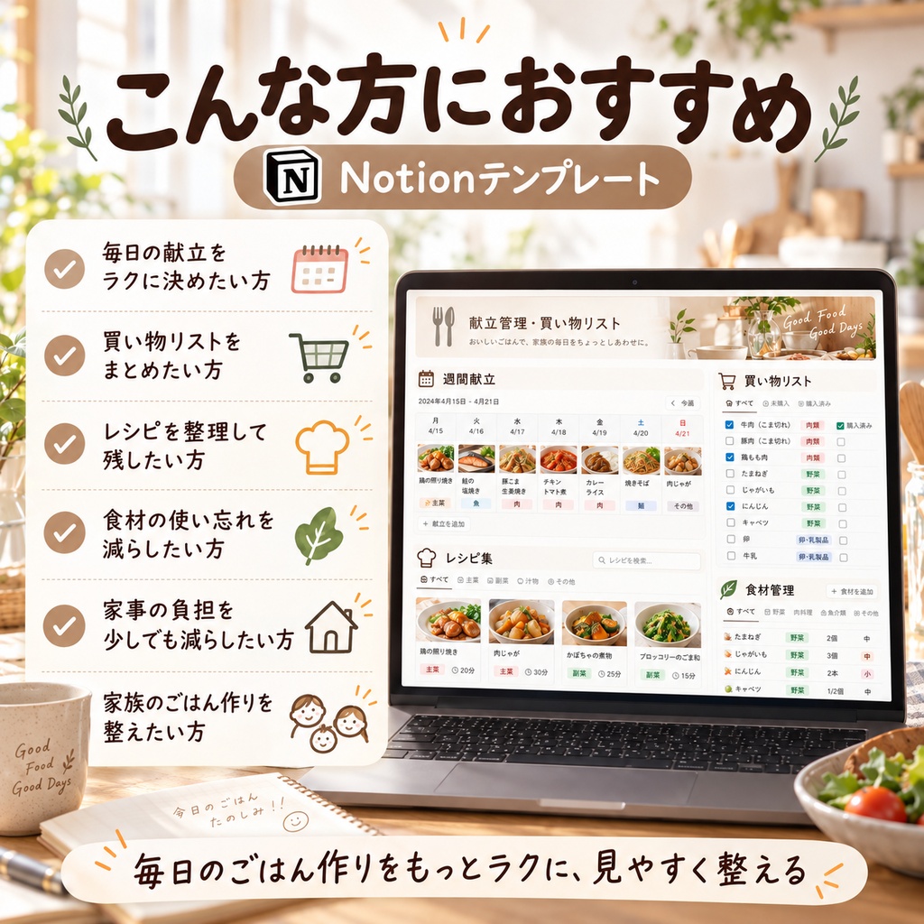 献立管理・買い物リスト Notionテンプレート(週間献立+買い物リスト+レシピ集)