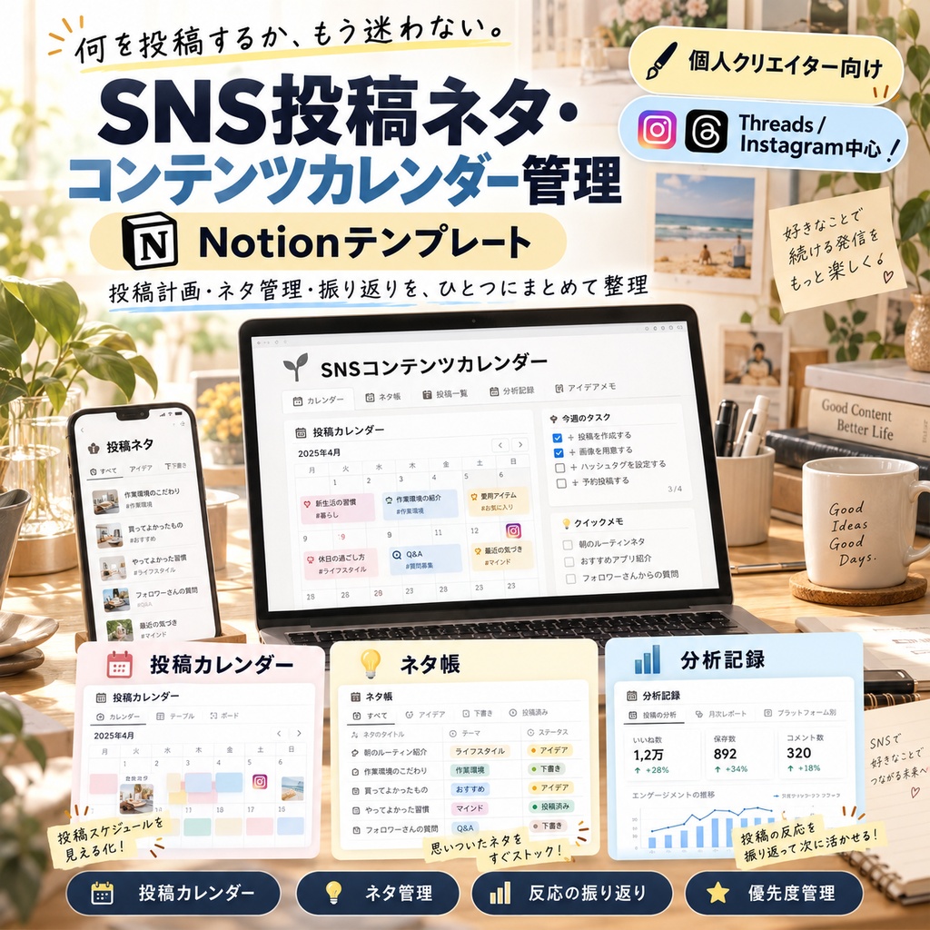 SNS投稿ネタ・コンテンツカレンダー管理 Notionテンプレート(個人クリエイター向け)