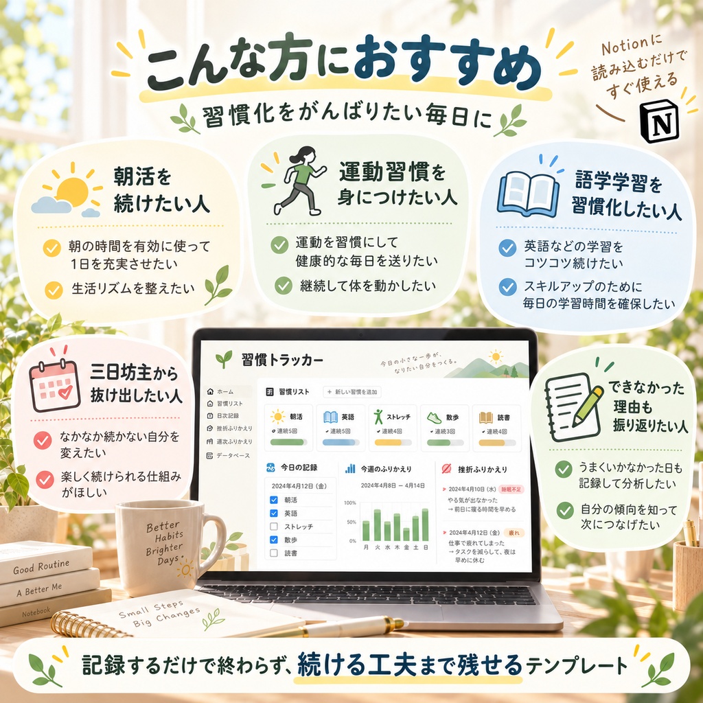 習慣トラッカー Notionテンプレート(朝活・学習・運動+挫折ふりかえり)