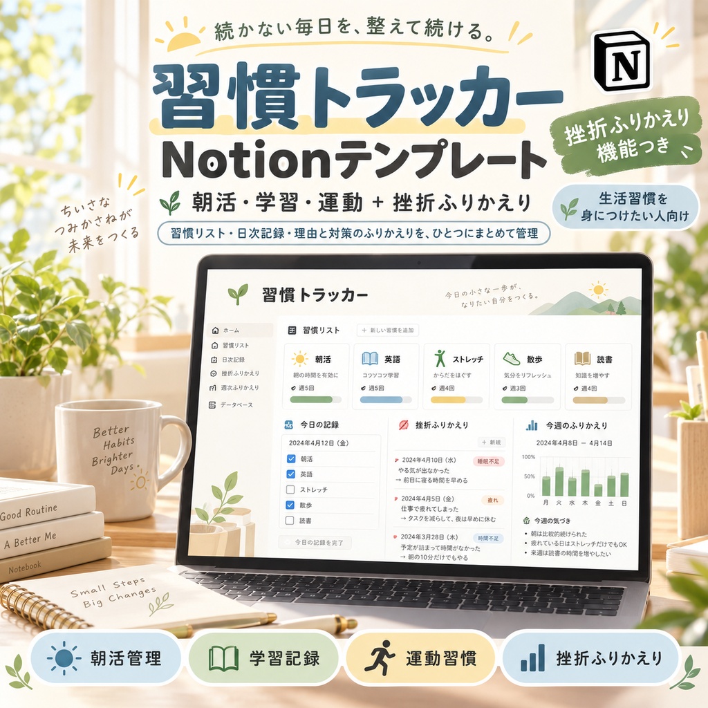 習慣トラッカー Notionテンプレート(朝活・学習・運動+挫折ふりかえり)