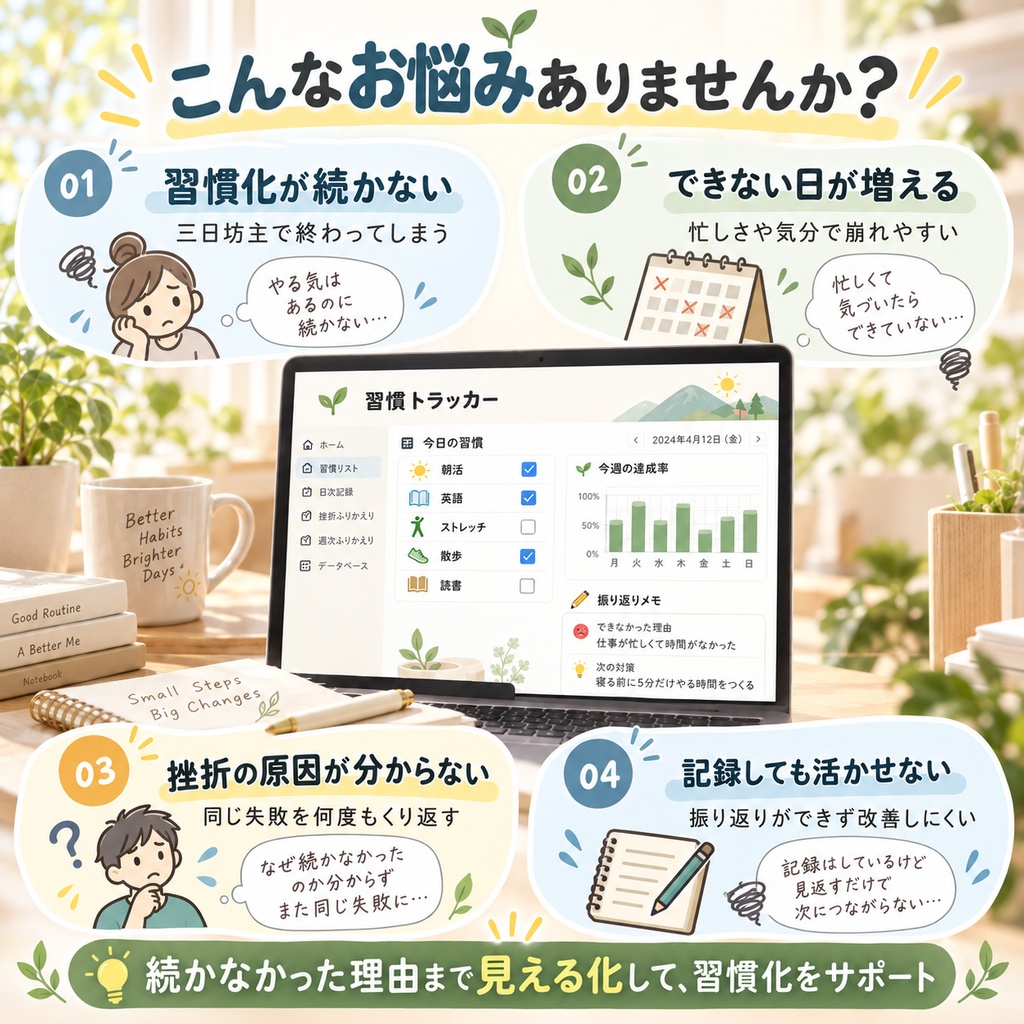 習慣トラッカー Notionテンプレート(朝活・学習・運動+挫折ふりかえり)