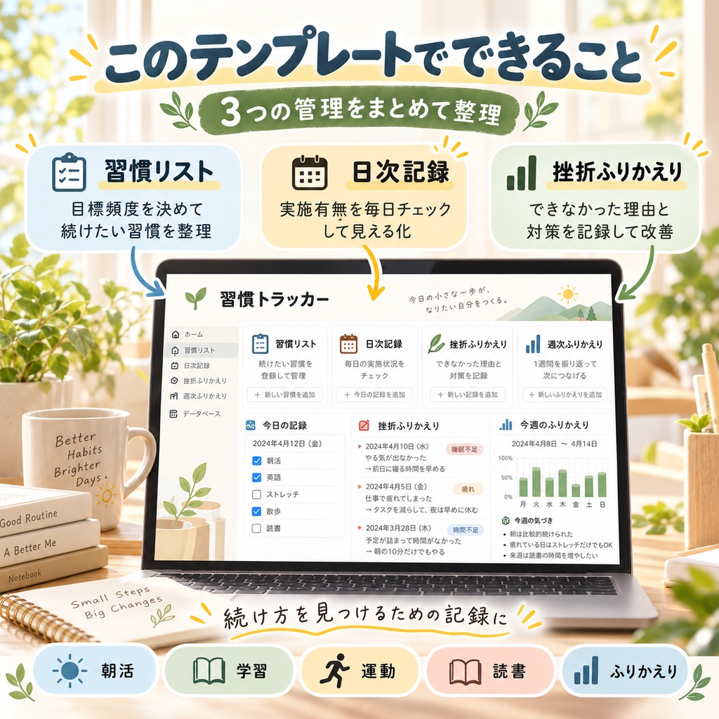習慣トラッカー Notionテンプレート(朝活・学習・運動+挫折ふりかえり)