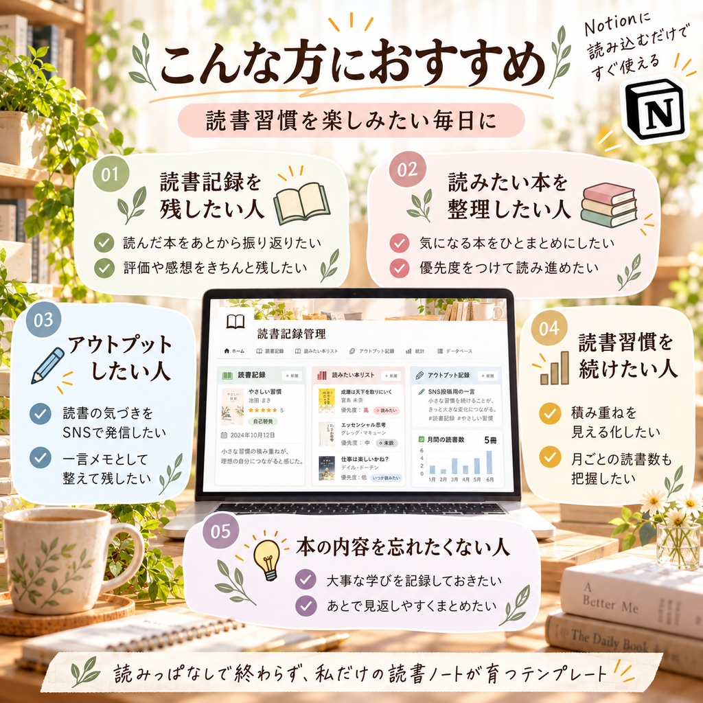 読書記録管理 Notionテンプレート(読書記録+読みたい本リスト+アウトプット記録)
