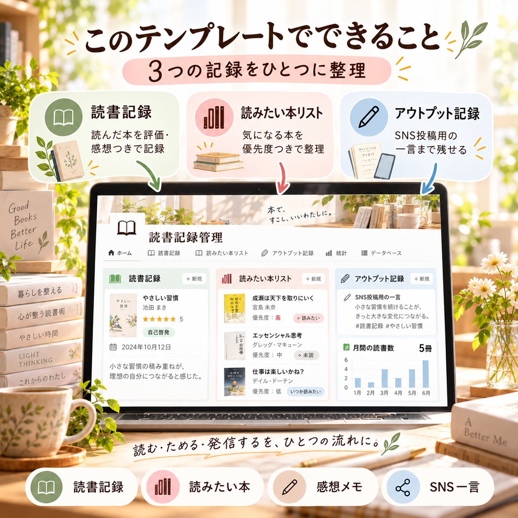 読書記録管理 Notionテンプレート(読書記録+読みたい本リスト+アウトプット記録)
