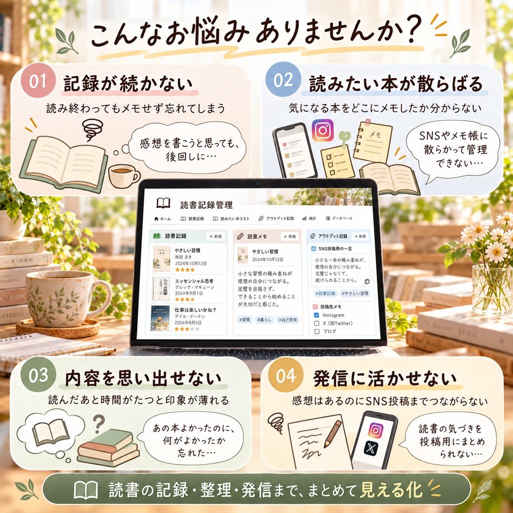 読書記録管理 Notionテンプレート(読書記録+読みたい本リスト+アウトプット記録)