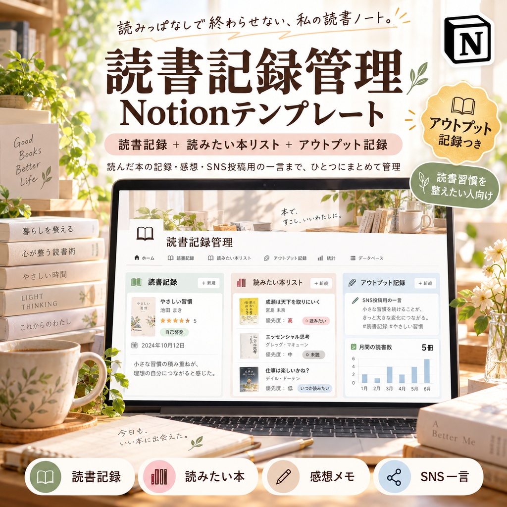 読書記録管理 Notionテンプレート(読書記録+読みたい本リスト+アウトプット記録)