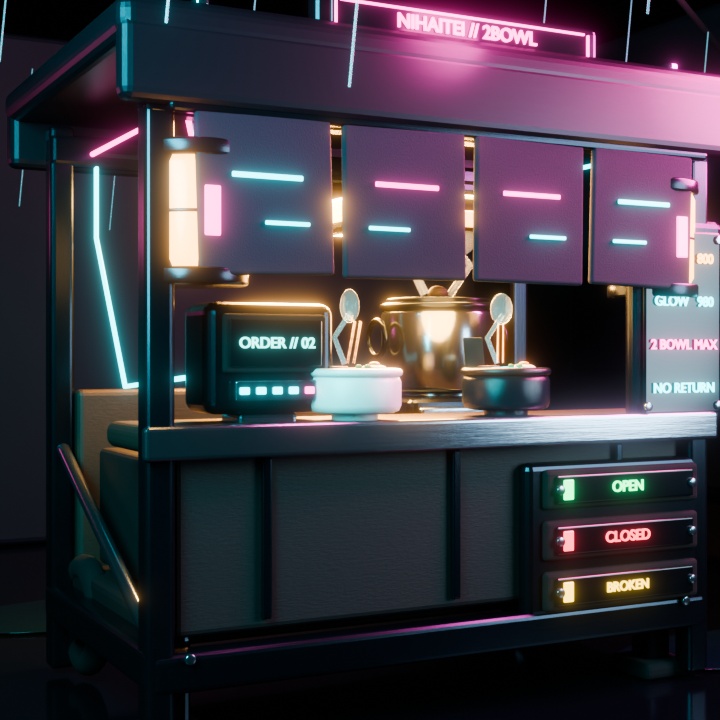 電脳屋台「二杯亭」【Quest対応 / VRChat・ゲーム・配信背景】— サイバーパンク和風ラーメン屋台素材