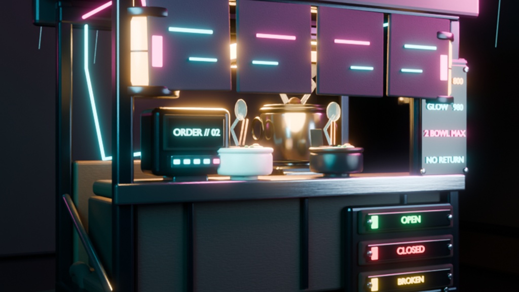 電脳屋台「二杯亭」【Quest対応 / VRChat・ゲーム・配信背景】— サイバーパンク和風ラーメン屋台素材