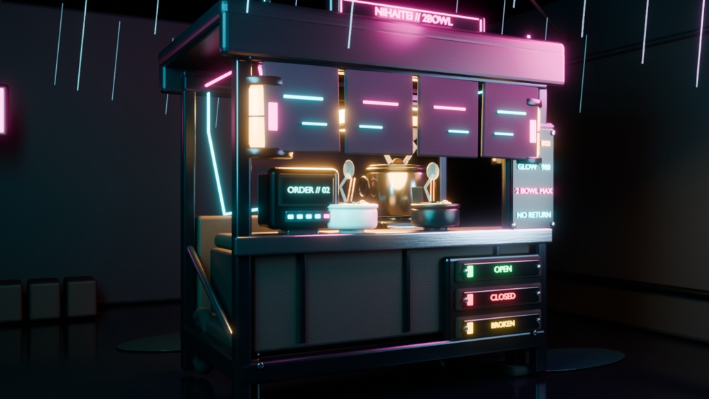 電脳屋台「二杯亭」【Quest対応 / VRChat・ゲーム・配信背景】— サイバーパンク和風ラーメン屋台素材