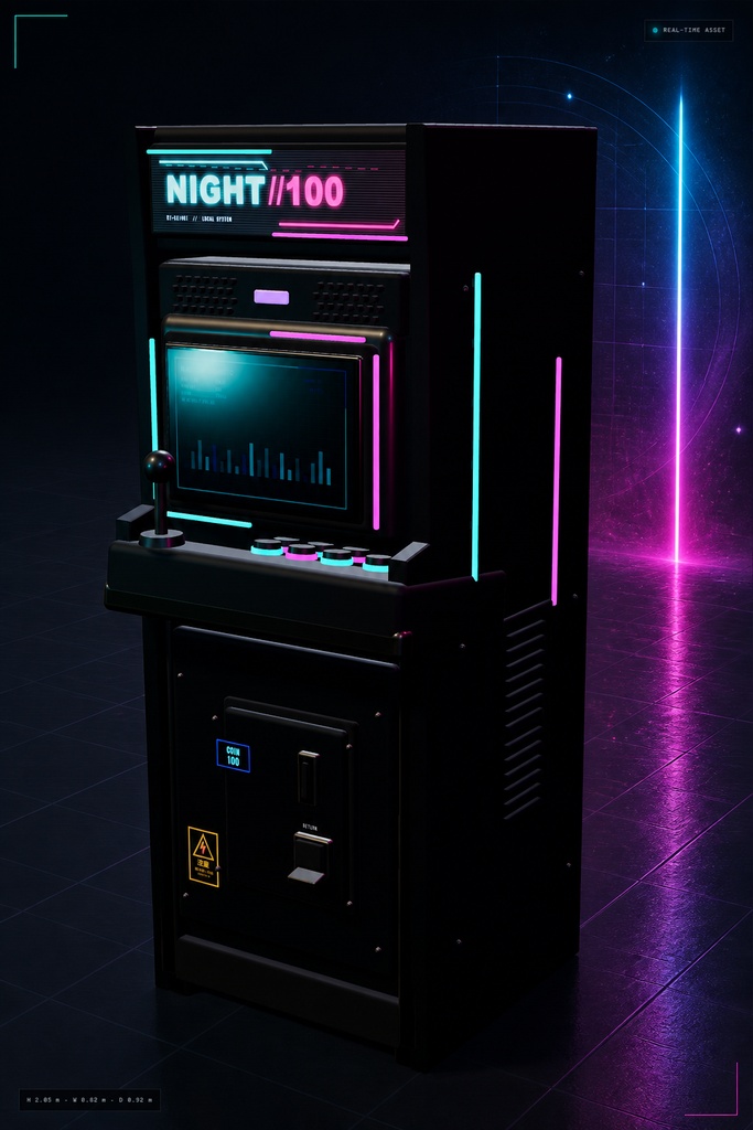 NIGHT//100｜サイバーパンク縦型アーケード筐体 3Dモデル【GLB / Three.jsソース / UE5.8導入ガイド】