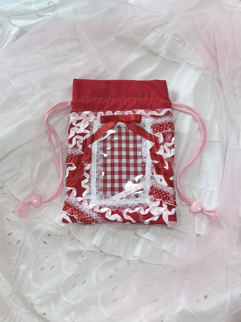 窓付き巾着( red×pink )