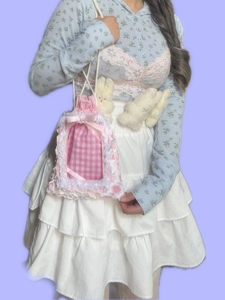 窓付き巾着(ピンク×ホワイト)