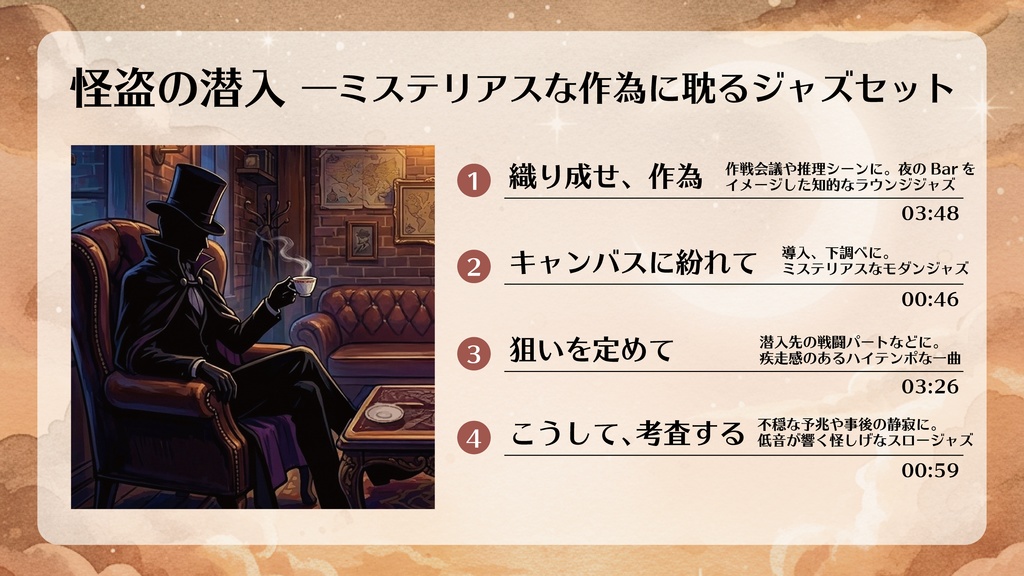 【TRPG/BGM素材】怪盗の潜入―ミステリアスな作為に耽るジャズセット(4曲+無配あり)