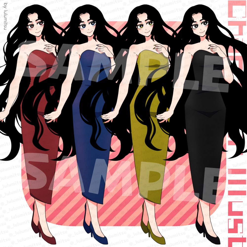 【立ち絵】黒髪ロングヘアのドレスの女性【色違い差分4種】
