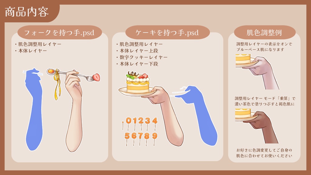 【Vtuber向け 手素材】数字でお祝いできるケーキ/カラバリ7色/肌色調整用レイヤー付き