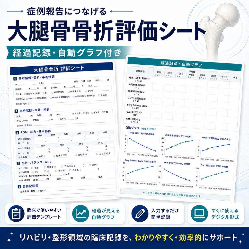 症例報告につなげる 大腿骨骨折評価シート｜経過記録・自動グラフ付き