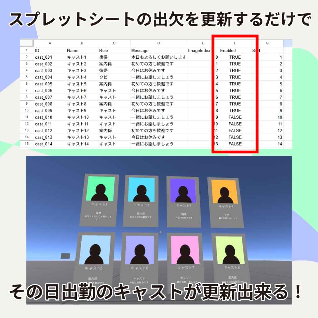 セール価格500円! 【VRChatワールドギミック】本日出勤!イージーキャスト|【Google Sheets連携キャスト表示ボード】