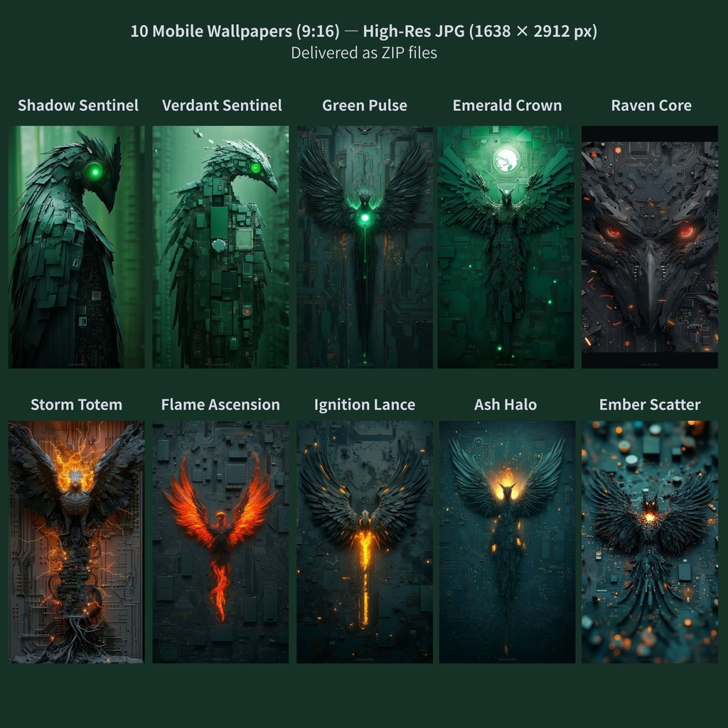 サイバーパンク スマホ壁紙10枚セット「Phoenix Circuit」(9:16 / 1638×2912 JPG) 即DL