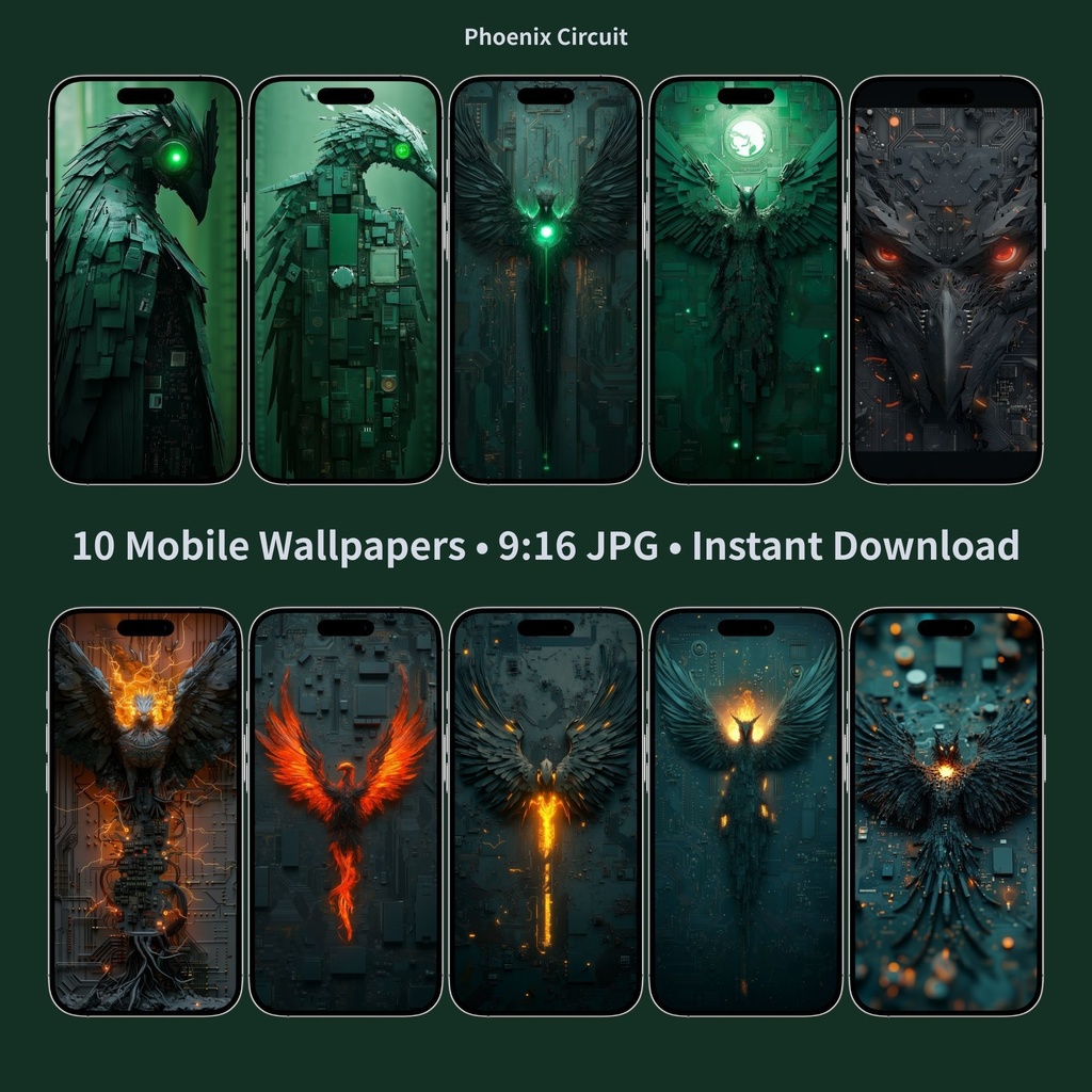 サイバーパンク スマホ壁紙10枚セット「Phoenix Circuit」(9:16 / 1638×2912 JPG) 即DL