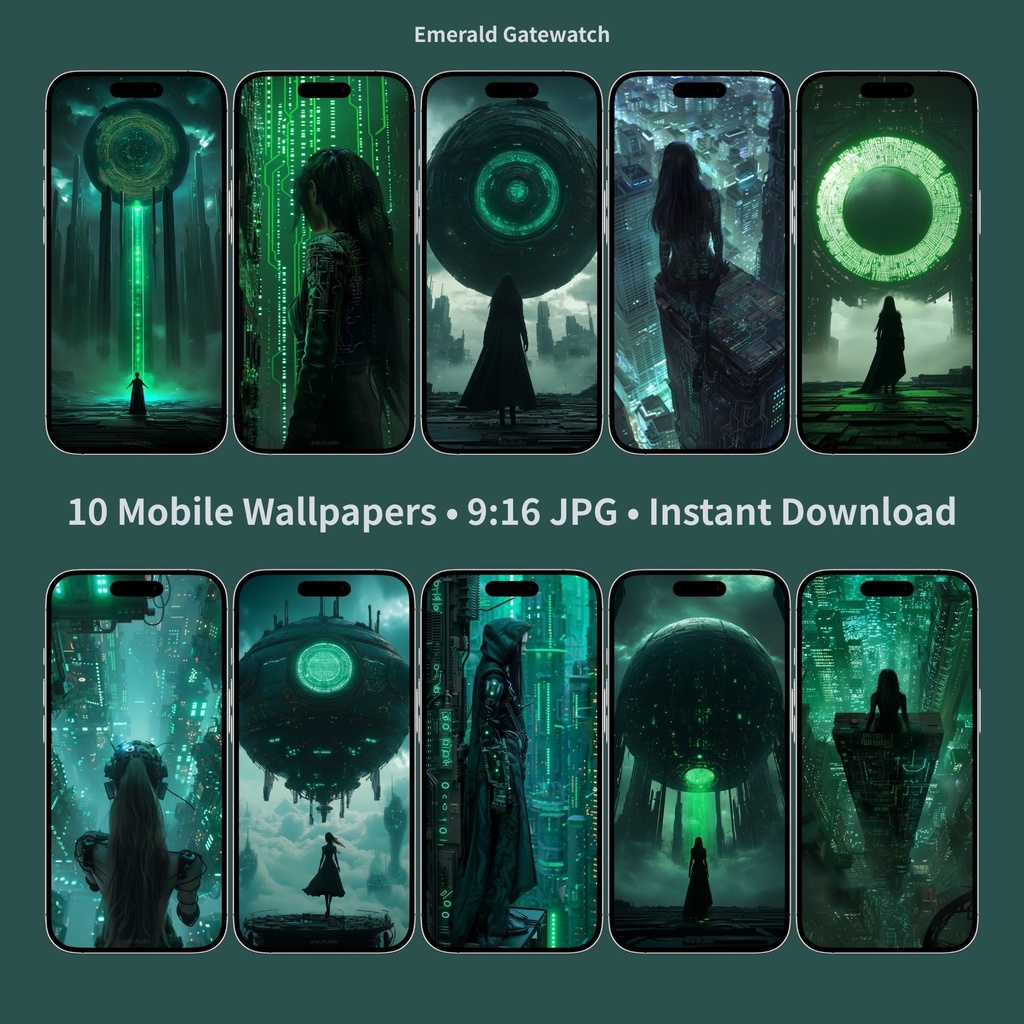 サイバーパンク スマホ壁紙 10枚セット「Emerald Gatewatch」(9:16 / JPG / 1638×2912)即DL