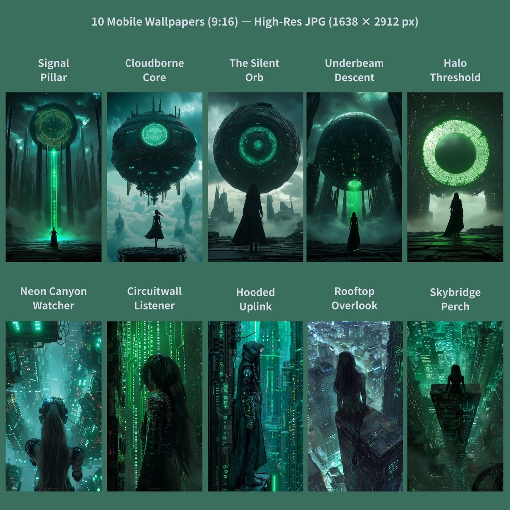 サイバーパンク スマホ壁紙 10枚セット「Emerald Gatewatch」(9:16 / JPG / 1638×2912)即DL