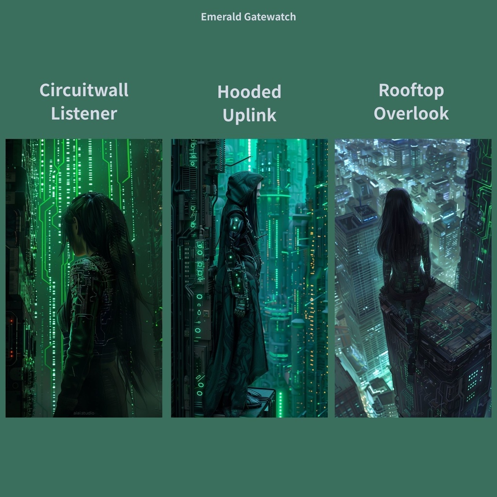 サイバーパンク スマホ壁紙 10枚セット「Emerald Gatewatch」(9:16 / JPG / 1638×2912)即DL