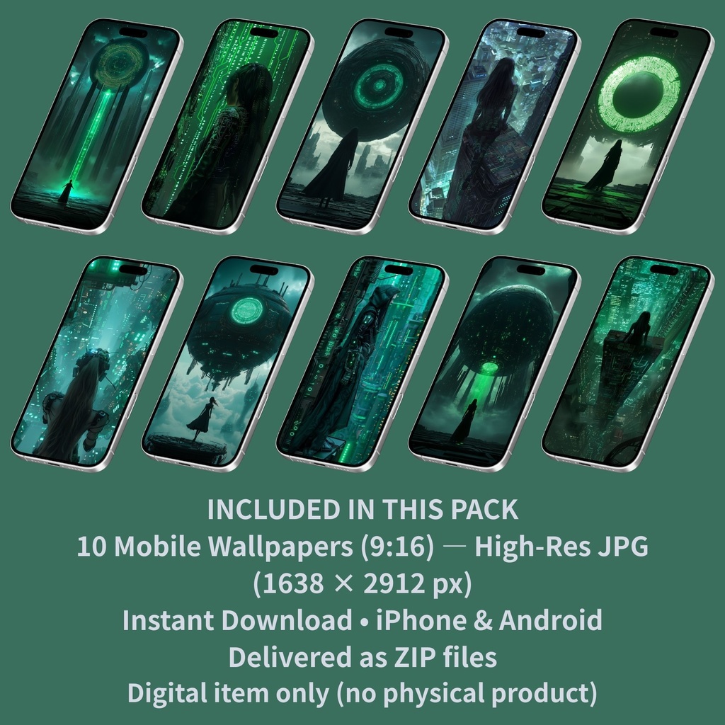サイバーパンク スマホ壁紙 10枚セット「Emerald Gatewatch」(9:16 / JPG / 1638×2912)即DL