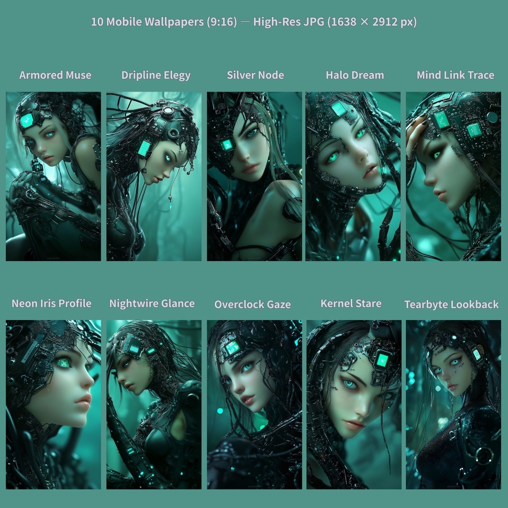 サイバーパンク スマホ壁紙 10枚セット「Cybernetic Portrait」(9:16 / JPG / 1638×2912)即DL