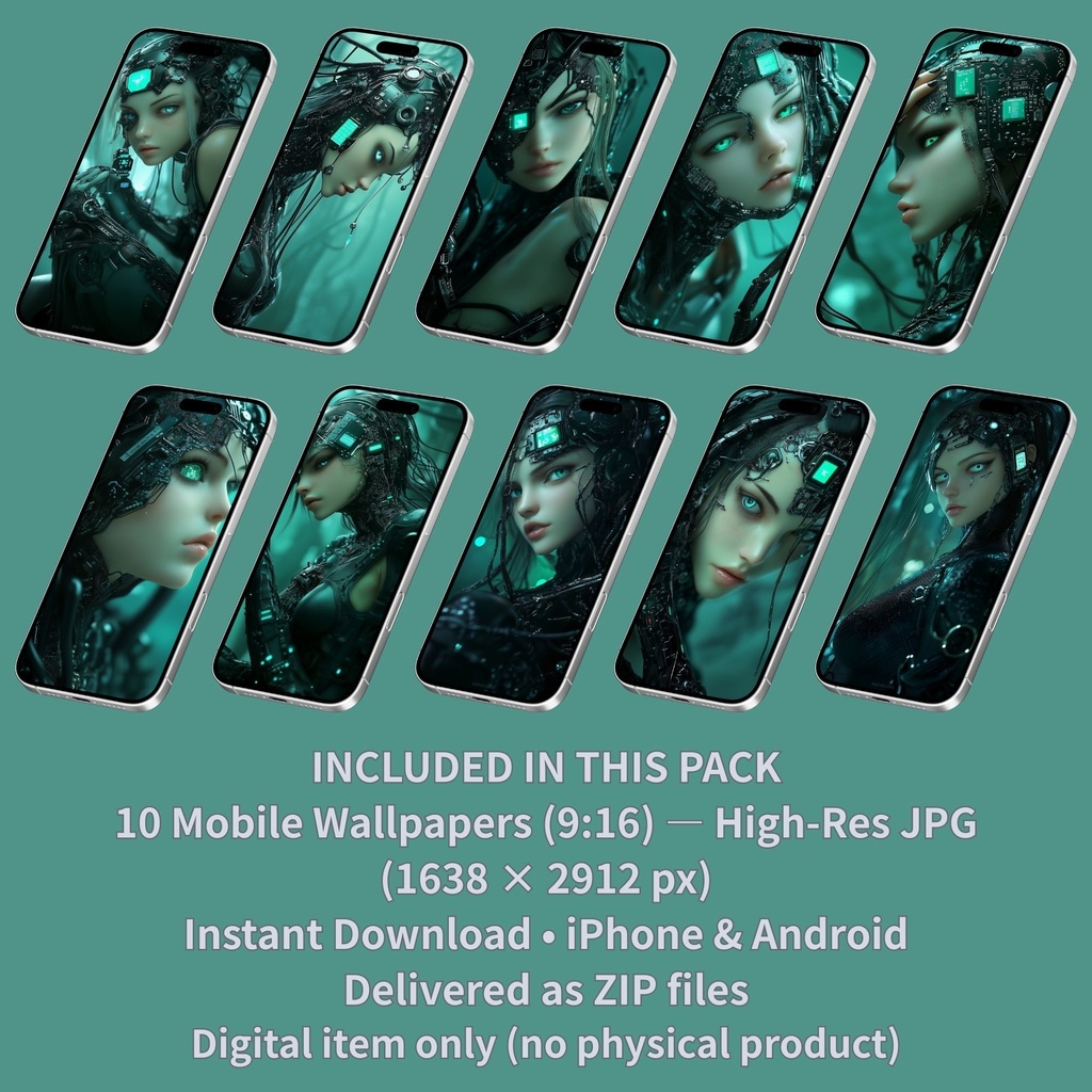 サイバーパンク スマホ壁紙 10枚セット「Cybernetic Portrait」(9:16 / JPG / 1638×2912)即DL