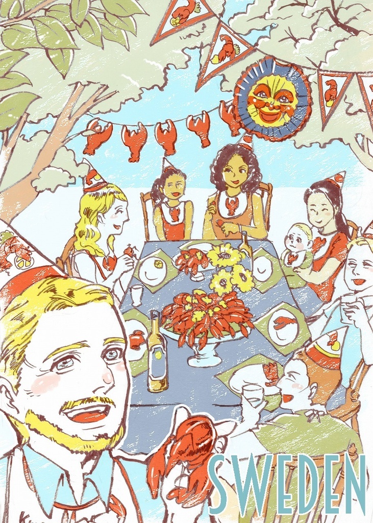 ポストカード「ザリガニパーティを楽しむアルフォンス（スウェーデン）」