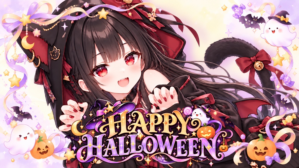 【無料/フリー素材】かわいいハロウィン素材セット(背景・フレーム・ロゴ)【配信・SNS告知用】