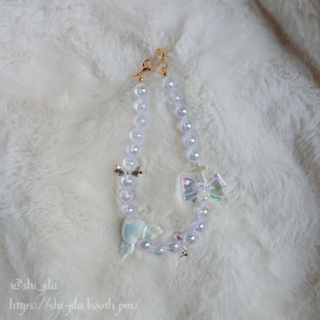 〚10~12cm〛アシンメトリー💜🤍リボンねこちゃん ぬい服 バッグチャーム付き