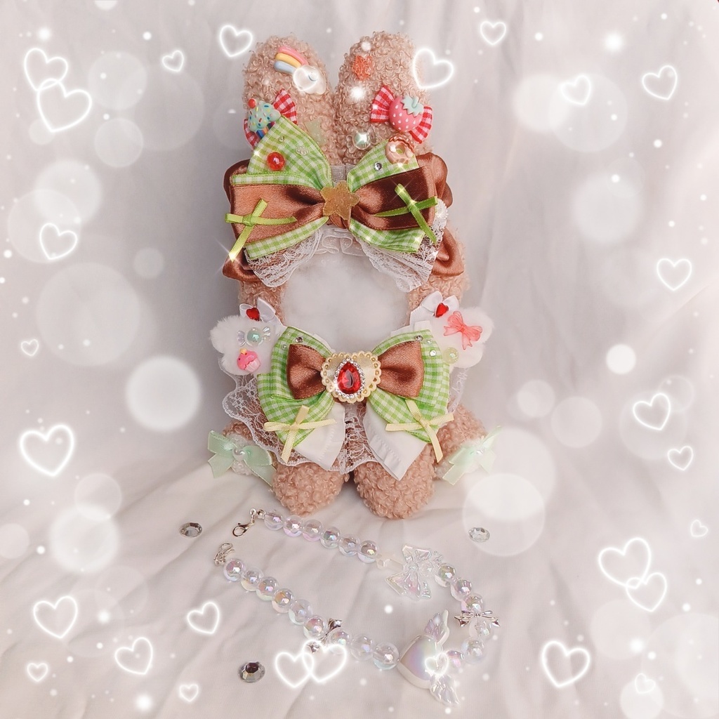 〚10～12cm〛レトロポップグリーン💚🧁スイートラビット　おすわりぬい服　バッグチャーム付き